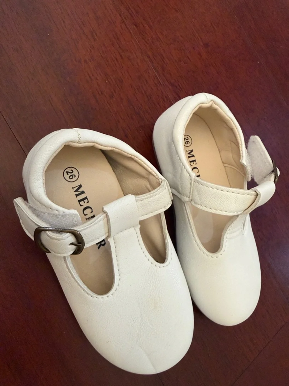MEC Cream T-Strap Kids Dress Shoes with Buckle